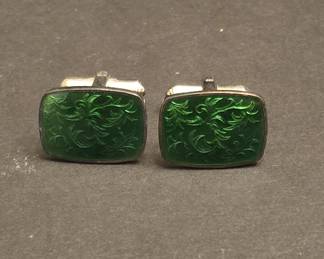 Vintage Sterling Silver Green Guilloché Enamel Cufflinks