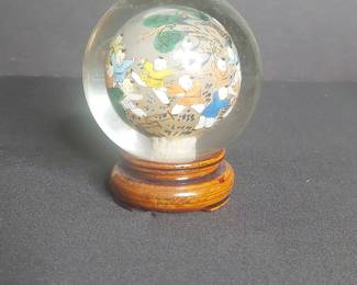 Reverse-Painted Glass Sphere with Children Scene on Stand