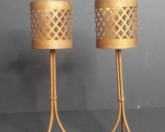 Vintage Brass Lattice Hurricane Candle Holders