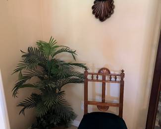 1 OF 2 ANTIQUE SIDE CHAIRS, CROCK, ARTIFICIAL PLANT, WALL SHELF AND PORCELAIN DECOR