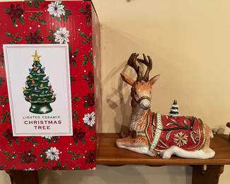 FITZ AND FLOYD REINDEER HAS SMALL CHIP, CERAMIC CHRISTMAS TREE
