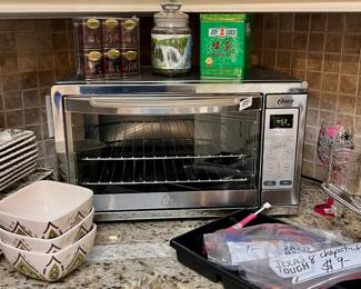 toaster oven, plates, bowls, black and green tea