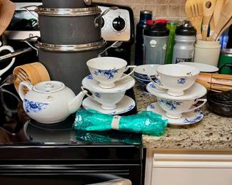 Asian tea set, sushi mat, wooden cooking utensils, Emeril pots and pans with lids