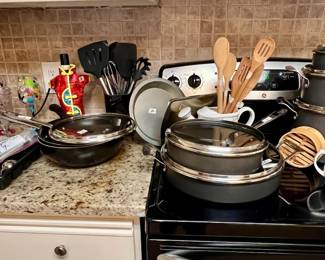 wine glasses, Emerial pots and pans with lids, wooden cooking utensils, Princess House Orchard Medley Watering Pitcher