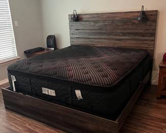 Beautyrest Black Series with adjustable base and Ashley Drystan King Panel Headboard and Footboard in Rustic Brown