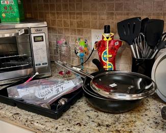 wok, utensils, mini kimono for wine bottle