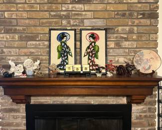 Asian decor: foo dogs, needlepoint, dragons, fan, beaded trees, candles, nightlight