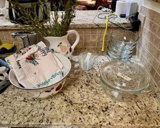 Princess House Orchard Medley Large Serving Fruit/Salad Bowl and Pitcher, Princess House 2.5 quart Heritage Round Covered Casserole, glass bowls, hand towels