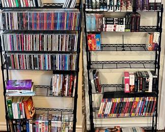 cassettes, cd's, books, vhs, books, audiobooks, MP3 books, shelves