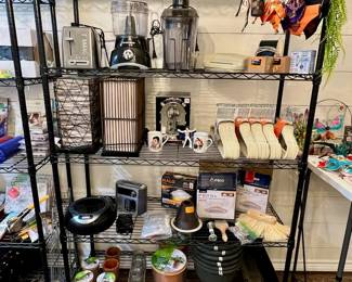 film scanner to digitize photos, headset with magnifying lenses, camcorder, toaster, food processor, juicer, laminator, label maker, hangers, lamps, Elvis memorabilia, CD player and radio, door hinges, slim LED lights, self watering planters, planters, hat, garden decor, 