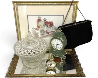 Vanity Mirror Tray, Lidded Glass Dish, Beaded Purse, More