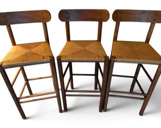 Three Wooden Rush Seat Barstools