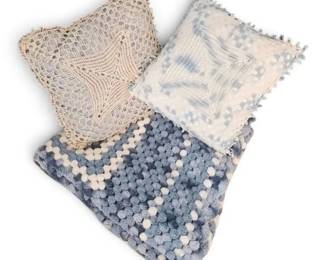 Blue White Crochet Afghan Blanket and Pillows