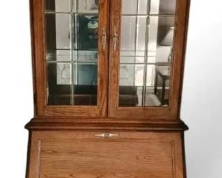 Oak DropFront Secretary Desk w Lighted Cabinet