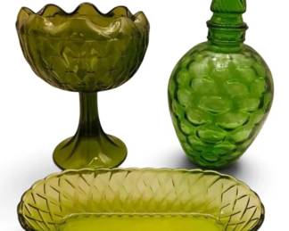 Wheaton Honeycomb Glass Decanter, Olive Green Compote, Oval Dish
