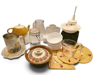 Vintage Kitchen Recipe Box, Chopper, Trivets, Glassware, More