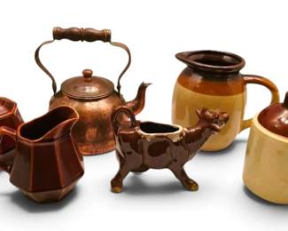 Copper Teapot Made In Portugal, Brown Pottery Cream Sugar, Cow Creamer, More