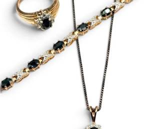 Sterling Silver Sapphire Gold Vermeil Necklace, Bracelet, Ring Set 19.0g