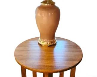 Round Wooden Table Lamp w Floral Lampshade