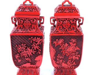 Lot 134 Gorgeous Pair of Antique Chinese Cinnabar Vases