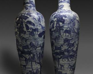 Lot 120 Monumental Pair Chinese Blue White Horse Vases