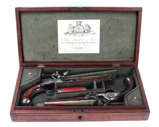 Lot 148 Fine English Cased Set of Brass Barrel Flintlock Pistols by Probin