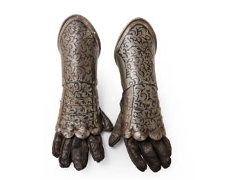 Lot 14 European Etched Steel Armor Gauntlets with Leather Gloves, 19th20th C.