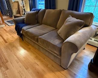 Faux suede pull out queen couch-great condition-PRE-SALE ITEM. CONTACT ME FOR INFO