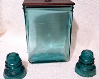 BLUE GLASS BATTERY JAR & 2 BLUE GREEN INSULATORS