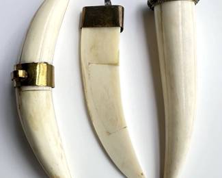 3 Large Vintage Carved Bone Tusk Shaped Pendants With Brass Hooks Lot #: 62