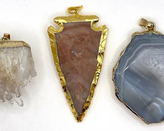 3 Natural Gemstone Pendants With Gold Plated Edges: Quartz, Jasper Arrowhead & Agate Slice Lot #: 39