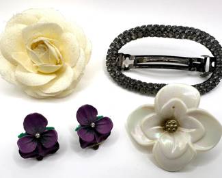 Vintage Rhinestone Barrette, 2 Flower Hair Pins & Clip-on Earrings Lot #: 117