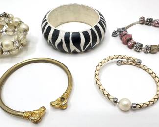 5 Bracelets: Vintage Faux Pearls, Leather Braid, Gold Tone Ram's Head, Wood Zebra & Beaded Lot #: 130