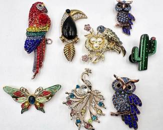 8 Animal Pins Brooches: Rhinestone Birds Including Anne Klein, Metropolitan Museum Of Art Butterfly & Cactus Lot #: 139