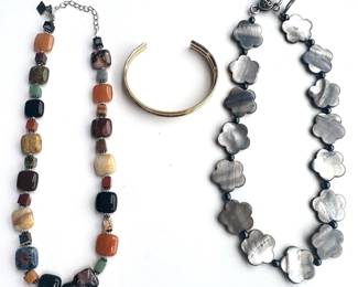 Mixed Natural Stone Beaded Necklace, Shell Bead Necklace & Gold Tone Cuff Bracelet Lot #: 22