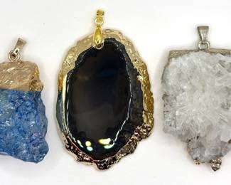 3 Large Natural Gemstone Pendants With Gold Plated Edges: Kyanite, Agate Slice & Quartz Lot #: 37
