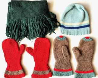 2 Pairs Hand Knitted Vintage Winter Gloves, Hat & Scarf Lot #: 111