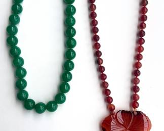 2 Vintage Gemstone Necklaces: Art Deco Carnelian With Large Flower & Jadeite Lot #: 23