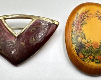 2 Vintage Pins Brooches: Decoupage On Wood & Marbled Enamel Lot #: 120