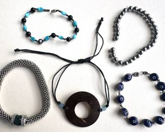 5 Vintage Bracelets: Wood, Evil Eyes, Metal Beads & More Lot #: 129