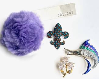 New With Tags Co & Eddy Rabbit Fur Pin & 3 Vintage Rhinestone Broach Pins Lot #: 118