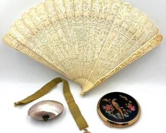 Antique Chinese Brise Fan, Stratton Powder Compact, Oyster Shell Trinket Box & Aires Bookmark Lot #: 104