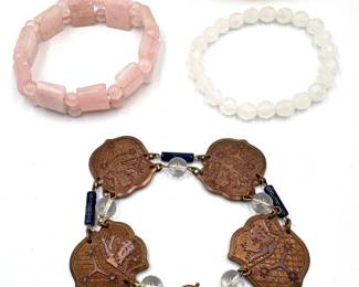 5 Vintage Bracelets: Ivory Gold Tone, Faux Pearl, Natural Stone & Copper Lot #: 131