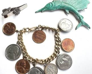Lieutenant Colonel Tie Bar, Charm Bracelet With Real American Coins & Tin Fish Pin Lot #: 133