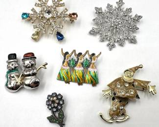 6 Pins Brooches: Rhinestone Snowflakes & Flower, Enamel Clown & Hula Dancers & Snowmen Lot #: 138