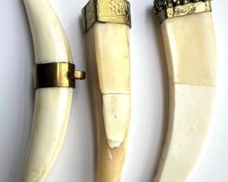3 Large Vintage Carved Bone Tusk Shaped Pendants With Brass Hooks Lot #: 63