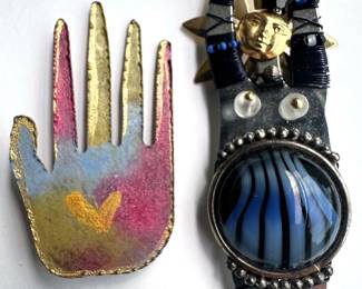 2 Artisan Pins: Liztech Woman Holding Moon 1996 & Painted Hand Lot #: 94