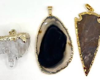 3 Large Natural Gemstone Pendants With Gold Plated Edges: Arrowhead Jasper, Agate Slice & Quartz Lot #: 38