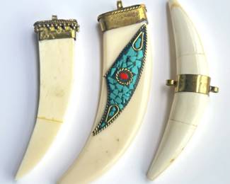 3 Large Vintage Carved Bone Tusk Shaped Pendants With Brass Hooks, 1 With Mosaic Insert Lot #: 61