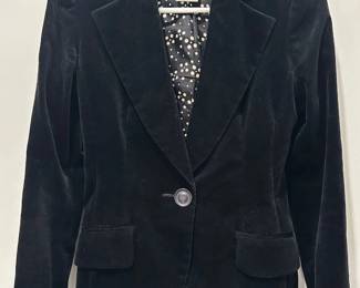 Ungaro Fuchia Italian Fitted Black Velvet Jacket With Dotted Silk Lining, Size 6 Lot #: 124